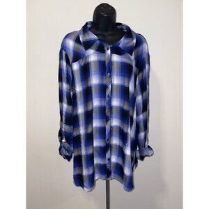 Cato Womens 3X 22/24 Roll Tab Blouse Top Blue Plaid Roll Tab Sleeve